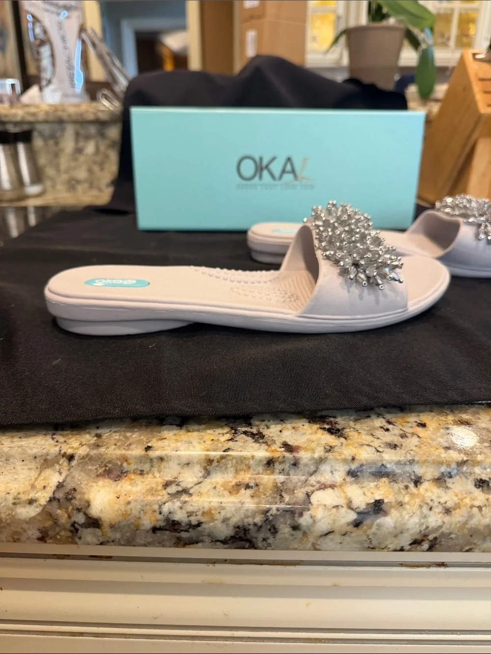 OKAb sandals  with acrylic “cubes” on the front